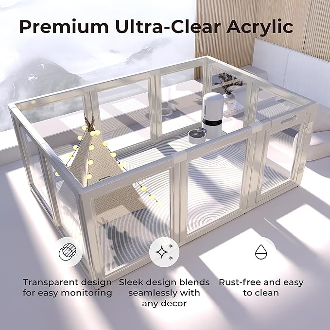 Clear Acrylic Plastic Dog Playpen Indoor,for Puppy Cat Rabbit Ferret Transparent Pet Pen,Easy Assemble Enclosure,Preferable for Small Dogs (10 Panels (White))