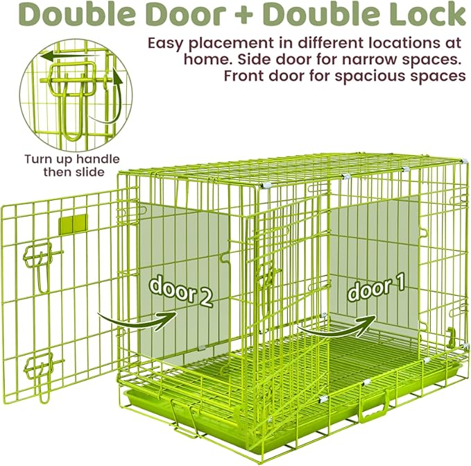 Homey Pet Dog Crates for Medium Dogs, Collapsible Small Dog Cage, Nano-Coated Metal Wire Puppy Kennel Indoor with Removable Floor Grid Tray, Double Doors Dual Locks, GOLD24+GREEN30 Bundle