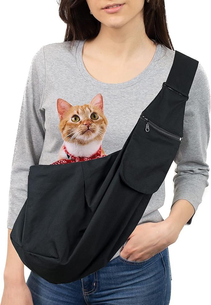 Pet Sling Carrier Adjustable Shoulder Strap Puppy Tote Hands Free Reversible Pet Backpack for Outdoor Travel Black