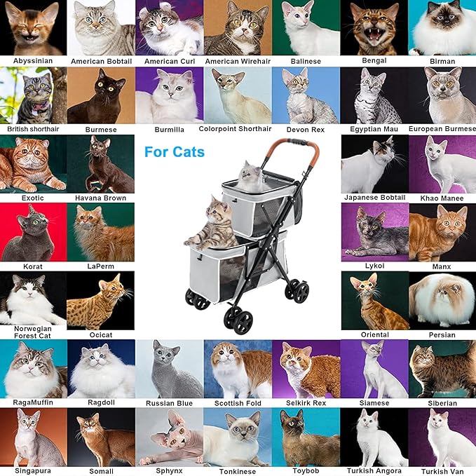 Double Pet Stroller for Dogs and Cats, One-Hand Folding Dog Stroller Travel Carriage for Small Medium Dogs Cats, 4 Wheels, Gray