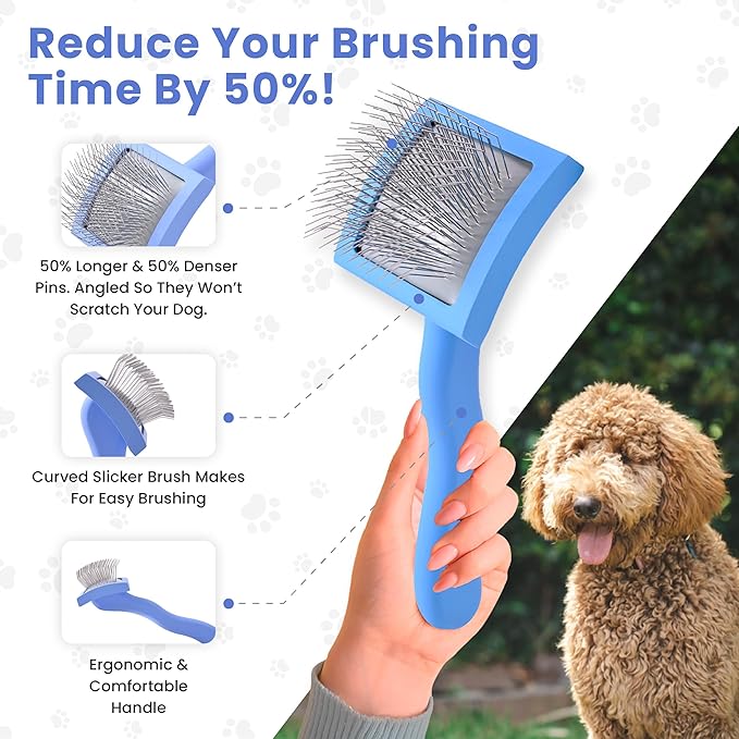 Slicker Brush for Dogs, Dog Grooming Supplies - Best Doodle & Poodle Brush for Long Haired Dogs - Goldendoodle Long Pin Dentangler Brush For Dematting (Small Curved)