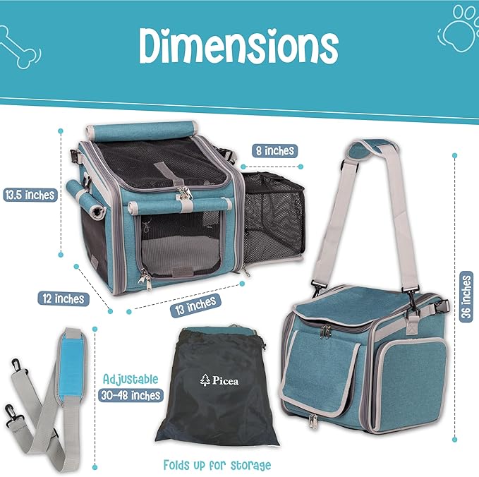 Dog Bike Basket, Mesh Windows, 2 Safety Leashes, Soft Sided, Safe Comfortable Pet Carrier for Small Dogs, Cats (Blue)