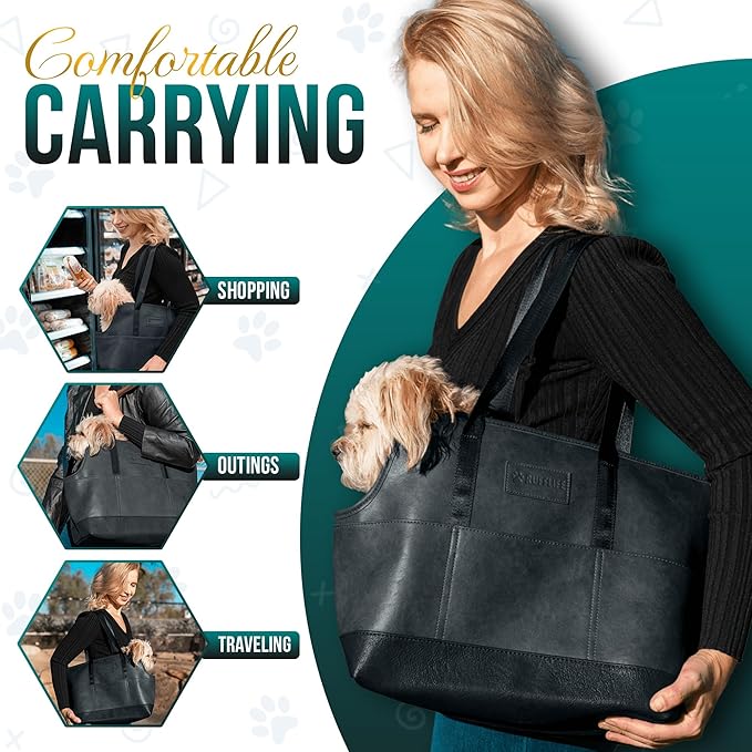 Luxury Dog Purse Carrier for Small Dogs, Faux Leather Pet Carrier Purse, Secure Harness Clip, Dog Tote Bag Carrier for Small Dogs and Puppies - Black