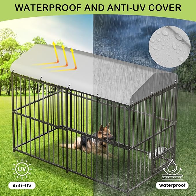 Large Outdoor Dog Kennel with Waterproof Cover, Large Dog House with Feeding Doors, Heavy Duty Dog Enclosures for Garden Backyard Courtyard(8×4×6FT)