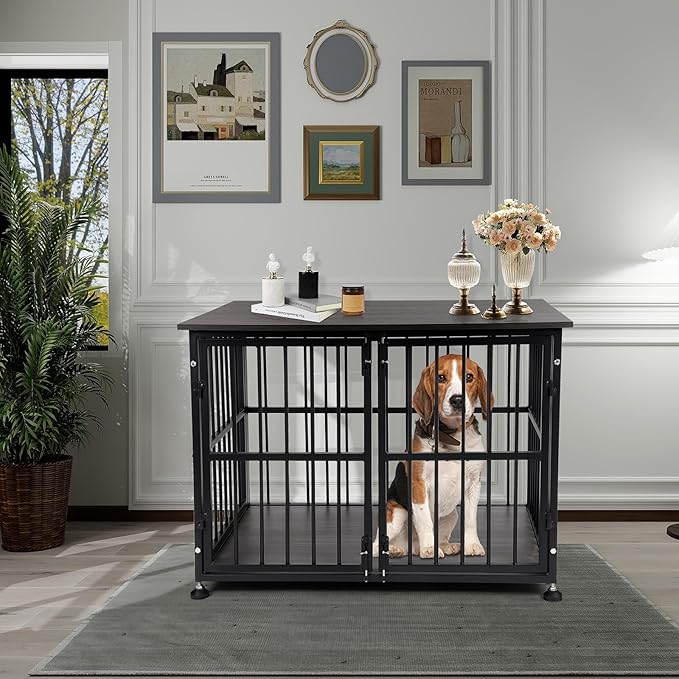 32 Inch Dog Crate Furniture, Heavy Duty Dog Kennel with Side Door, Decorative Pet House End Table, Wooden Cage Kennel Furniture Indoor, Grey