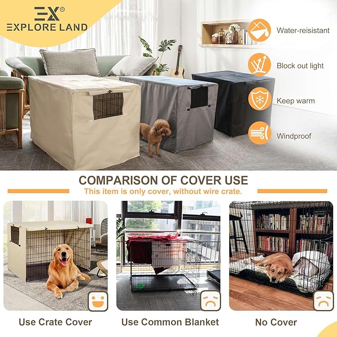 Explore Land 24 inches Dog Crate Cover Heavy Duty Polyester Pet Kennel Sunshade Universal Fit for Wire Cage (Light Tan)