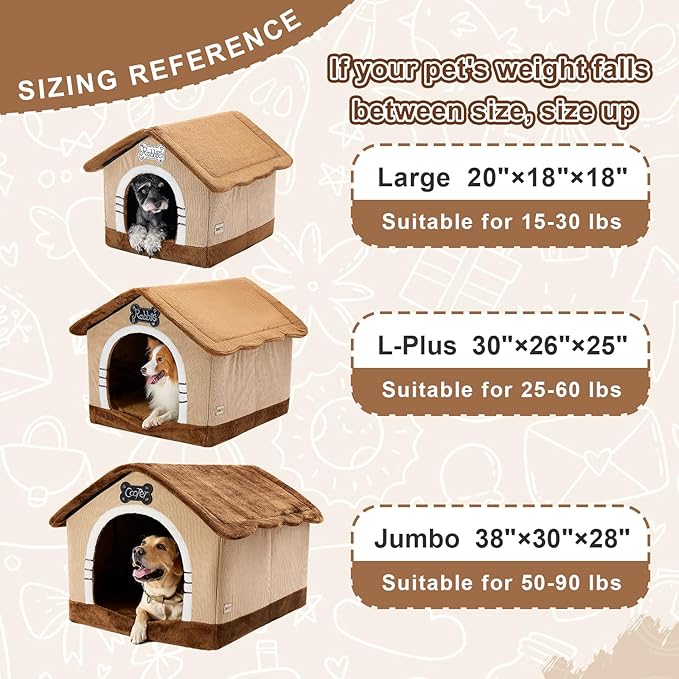 Jiupety Indoor Dog House with Frame, Large Dog Cave Bed, Insulated Cozy, Suitable for 50-90 lb, Jumbo (38"×30"×28"), Brown