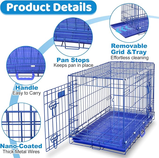 Homey Pet Dog Crates for Medium Dogs, Collapsible Small Dog Cage, Nano-Coating Metal Wire Dog Kennel Indoor with Removable Floor Grid and Tray, Double Doors Dual Locks, GOLD36+BLUE30 Bundle