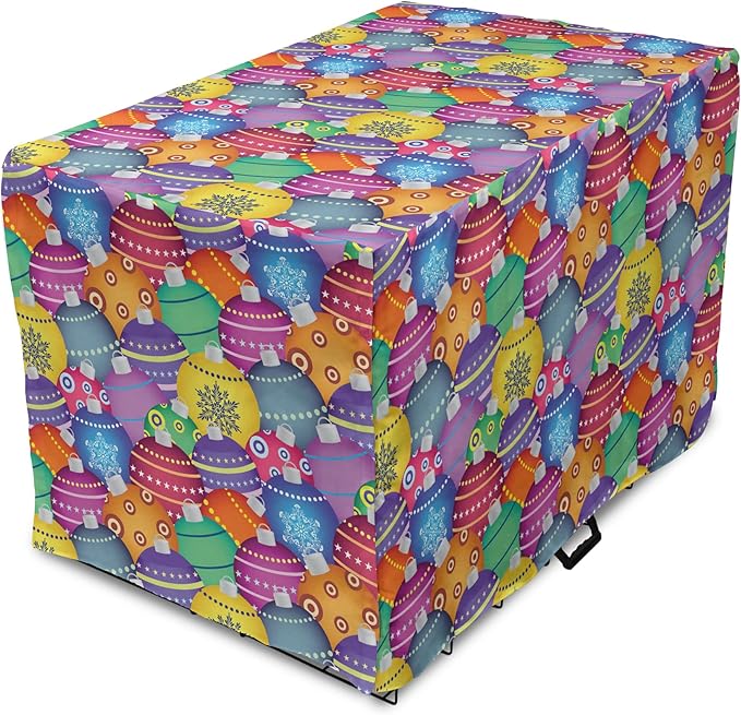 Ambesonne Christmas Dog Crate Cover, Colorful Christmas Balls Different Retro Patterns Holiday Celebration Theme Print, Easy to Use Pet Kennel Cover for Cats & Medium Dogs, 24 Inch, Purple Multicolor