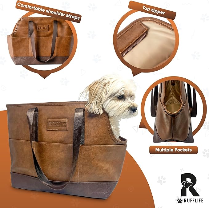 Luxury Dog Purse Carrier for Small Dogs, Faux Leather Pet Carrier Purse, Secure Harness Clip, Dog Tote Bag Carrier for Small Dogs and Puppies - Brown