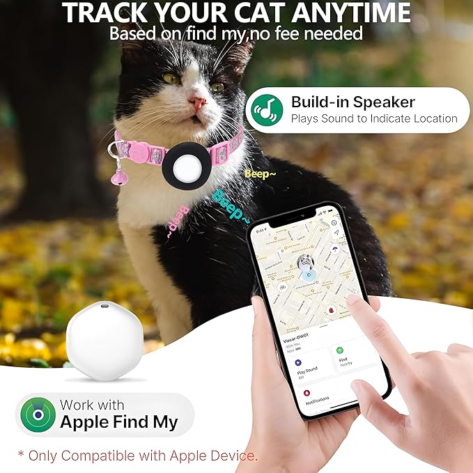 GPS Tracker for Cats, Mini GPS Pet Tracker with Collar, IPX8 Waterproof Cat Tracker Collar,No Monthly Fee,Work with Apple Find My(iOS Only),Smart Tracker for Pets(Pink)