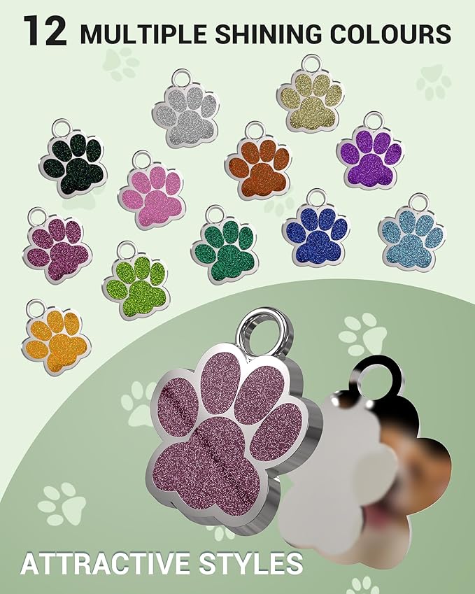 72 Pcs Dog Tags Personalized for Pets Glitter Paw Print Stainless Steel Dog Tag Cute Dog Name Tag Bulk Dog Tags Cat Tags for Wholesale (12 Colors)