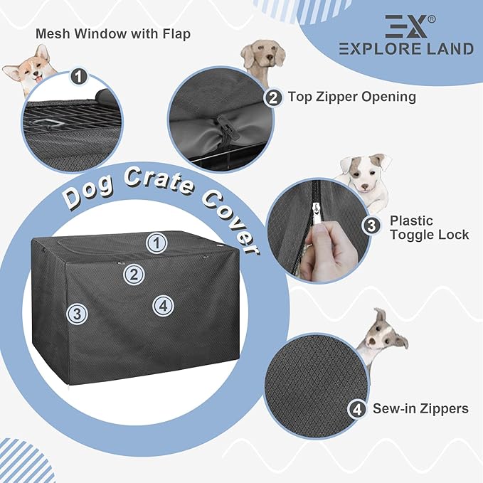 Explore Land Dog Crate Cover for 36 Inches Wire Cage, Heavy-Duty Lattice Pet Kennel Enclosure Compatible with 1 2 3 Doors Standard Metal Cage (Black)