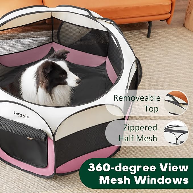 Love's cabin Pet Puppy Dog Playpen, Large Dog Tent Crates Cage Indoor/Outdoor, Portable Playpen for Cat, Foldable Pop Up Dog Kennel Playpen with Carring Case, Removable Zipper Top, Pink