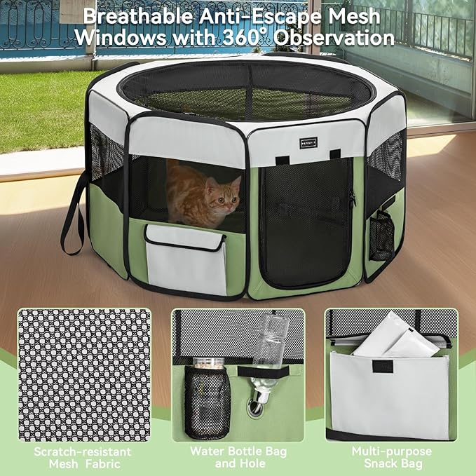 PETSFIT Portable Dog Playpen, 29" Dia Puppy Playpen with Zipper Removable Mesh Top Cover and Leakproof Playpen Bottom Mat-Cat Playpen Indoor/Outdoor for Cats,Dogs&Small Animals