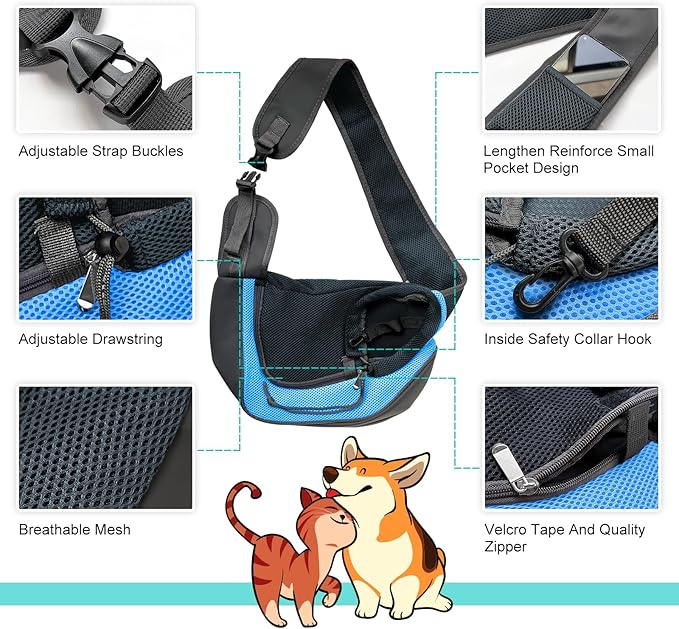 Pet Dog Sling Carrier, Up to 15lb, Breathable Mesh Adjustable Puppy Sling Carrier Hand Free for Small Dog Cat Rabbit, L, Sky Blue