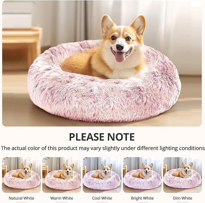 JOLLYVOGUE Donut Dog Bed for Medium Dogs, Anti-Anxiety Washable Round Bed, Calming Donut Dog Cat Bed for Puppy Bed, Fluffy Dog Beds for Large Dogs, Round Puppy Bed for Indoor Pet (31"/Smoke Pink