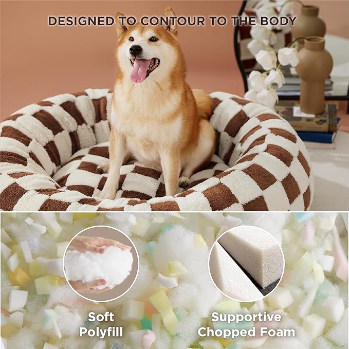 Lesure Donut Small Dog Bed - Round Cat Beds for Indoor Cats Anti-Anxiety Calming Pet Beds, Washable Cute Modern Beds with Teddy Sherpa Plush & Anti Slip Bottom Brown