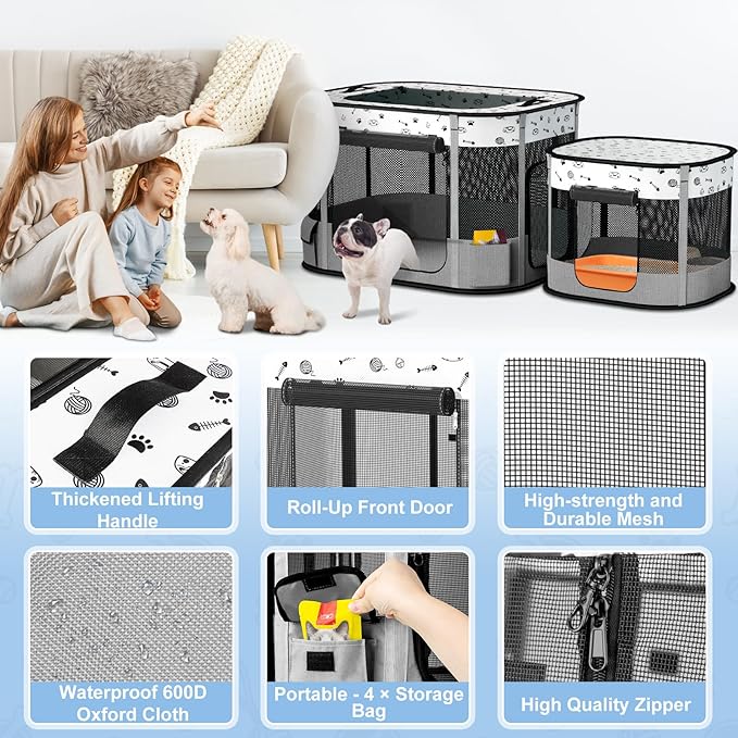 Portable Cat Playpen, Foldable Pet Dog Playpen, for Kitten Puppy Play Pen Indoor/Outdoor, Cats Enclosure Cages Tent with Carrying Case, 600D Oxford 8-Rods, 32"x24"x22", Grey