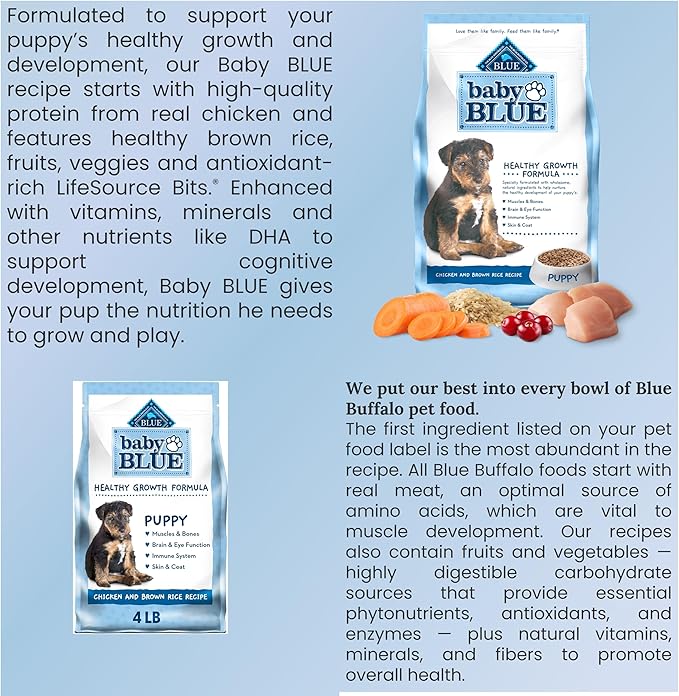 Baby Blue Puppy Food Bundle, Includes 01 Bag(4 LB) Baby Blue Healthy Growth Formula with Chicken and Brown Rice,01 Carrot Dog Toys and 01 Booklet About Pet Nutrition.
