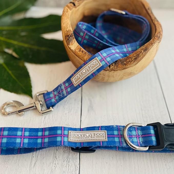 Lucky Love Dog, Blue and Violet Plaid Dog Collar and Leash Set, Adjustable & Comfy Combo Set for Boy and Girl Dogs - (Large, Scotty Combo)