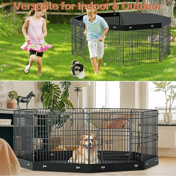 24’’H Dog Playpen, 8 Panels Dog Pens with Bottom Pad, Metal Foldable Pet Puppy Exercise Fence Crate Kennel, Indoor Outdoor Escape Proof Pen for Small Medium Pets (with Bottom pad)