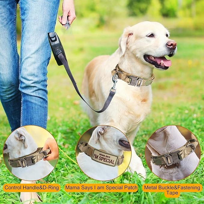 KCUCOP Tactical Dog Collar with Handle,Adjustable Military Dog Collar with Metal Buckle and Patches,Heavy Duty Dog Collars for Medium and Large Dogs (Camo-L)