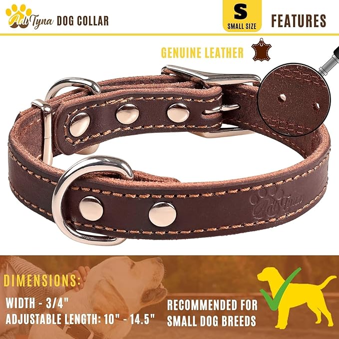 Heavy Duty Leather Dog Collar for Small Dogs - Soft and Strong Dog Collar for Puppy or Small Dogs (Small: Fit 10" - 14.5" Neck, Brown)