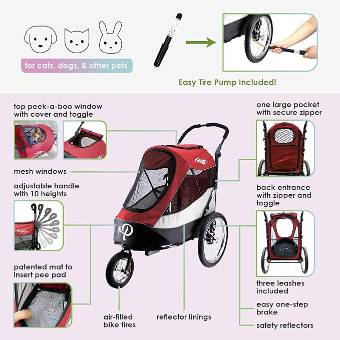 Petique Trailblazer Pet Jogger/Stroller, Bike Trailer, Shock Absorbing Bike Wheels, Large Entry Way, Peek-a-Boo Window, Small/Medium/Large Dogs, Cats and Pets, Supports up to 77LBS - Mars (Red)