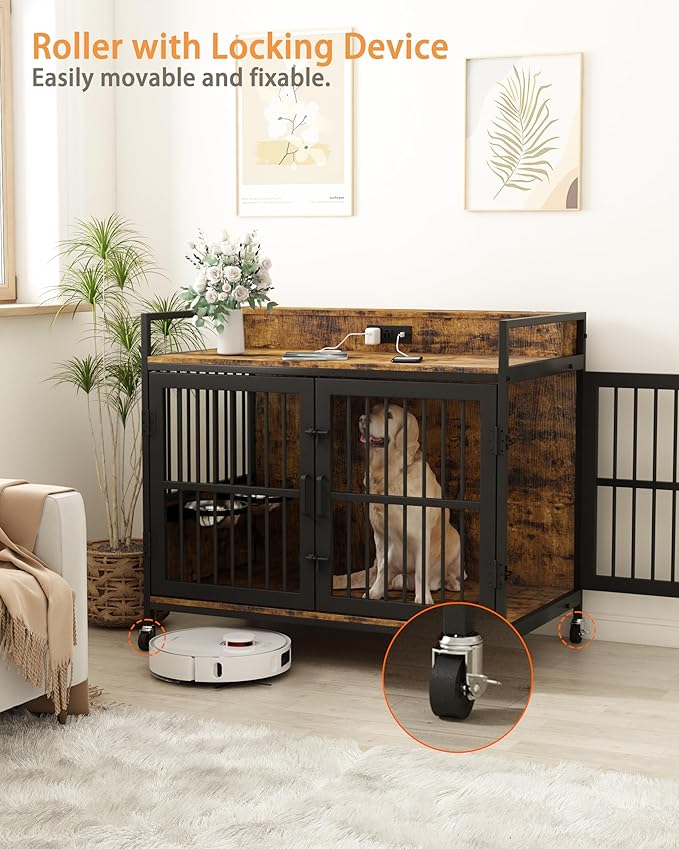 Piskyet 48" Large Dog Crate Furniture, Indoor Dog Kennel Furniture with 4 in 1 Charge Station, Heavy Duty Dog Crate Table with 360°Raised&Rotatable Feeder, Double Door Kennel with Wheels,Rustic Brown