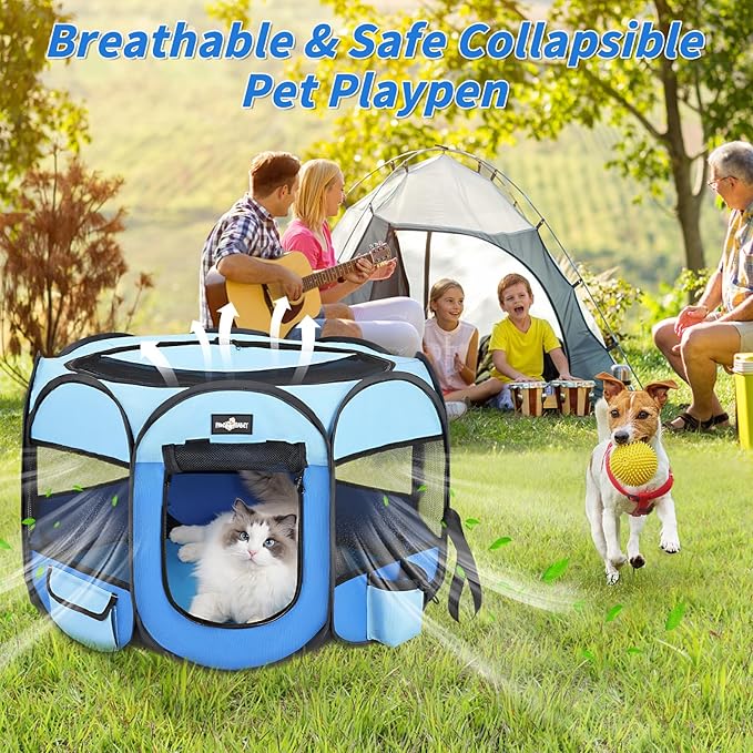 Foldable Pet Cat Playpen, Portable Pet Dog Playp en for Small Dog Cat, Puppy Kitten Pen with Free Carrying Case & Waterproof Pad, Pop up Pet Playpen for Indoor Outdoor Use