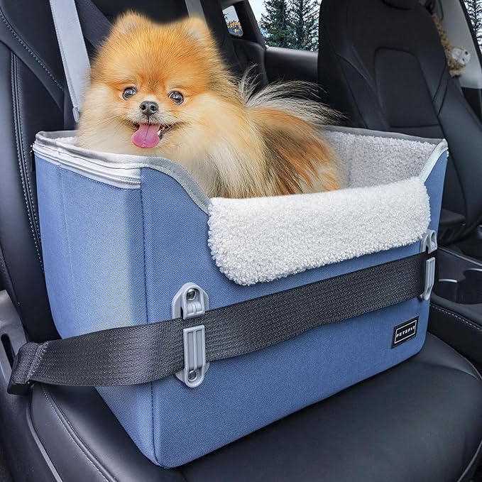 PETSFIT Small Dog Car Seat, Puppy Portable Dog Booster seat for Car with Clip-On Leash, Adjustable Straps Suitable for Small Pets Up to 25lbs (Navy Blue)