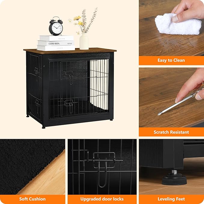DWANTON Dog Crate Furniture with Cushion, Wooden Dog Crate with Double Doors, Dog Furniture, Dog Kennel Indoor for Small Dog,End Table, 27.2" L, Black+Warm Brown