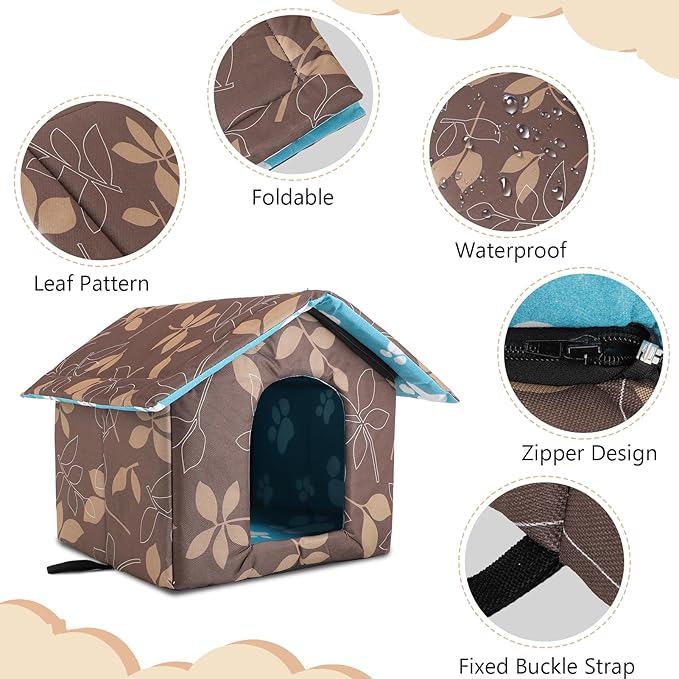 Outdoor Cat House Water Oxford Cloth Warm Cat House Removable Foldable, Outdoor Houses for Feral Cats Dogs (Leaf Pattern, Small House)