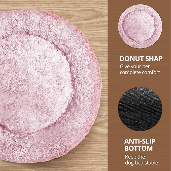 JOLLYVOGUE Donut Dog Bed for Medium Dogs, Anti-Anxiety Washable Round Bed, Calming Donut Dog Cat Bed for Puppy Bed, Fluffy Dog Beds for Large Dogs, Round Puppy Bed for Indoor Pet (31"/Smoke Pink