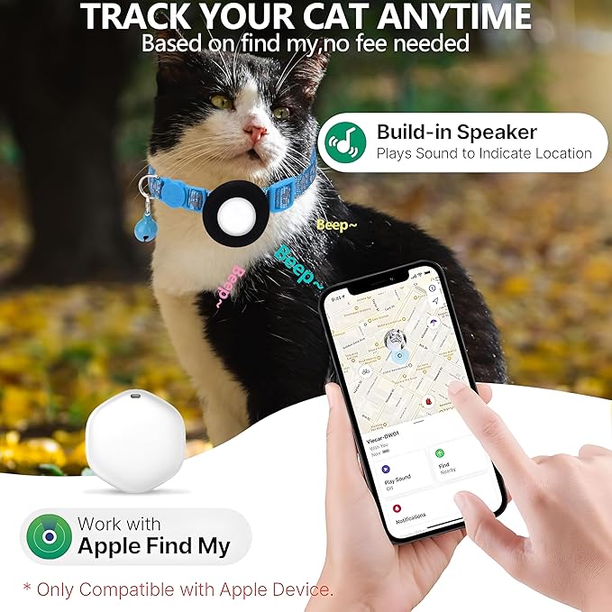 GPS Tracker for Cats, Mini GPS Pet Tracker with Collar, IPX8 Waterproof Cat Tracker Collar,No Monthly Fee,Work with Apple Find My(iOS Only),Smart Tracker for Pets(Blue)