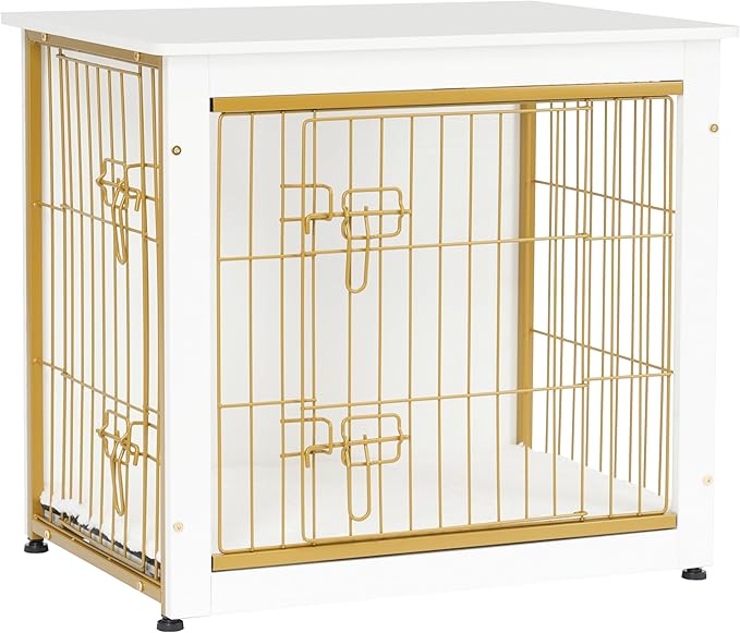 DWANTON Dog Crate Furniture with Cushion, Wooden Dog Crate with Double Doors, Dog Furniture, Dog Kennel Indoor for Small/Medium/Large Dog,End Table, Small, 27.2" L, White