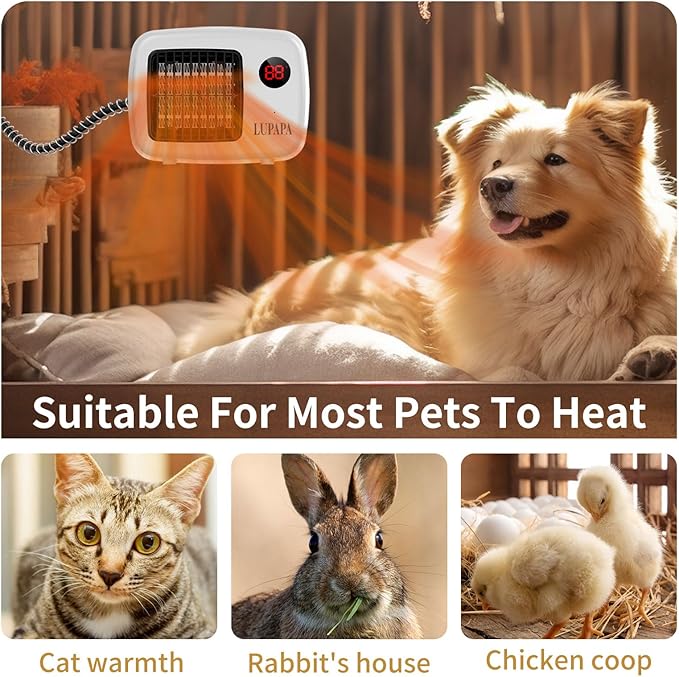 Thermostatic Dog House Heater with Anti-Bite Wires, Wall-Mounted Pet Heater with 2 Wind Speed Modes (300W/600W), Suitable for Pet House Stoves for Dogs Cats Chickens Hamsters