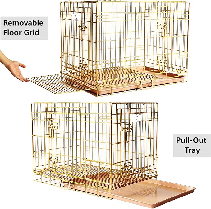 Homey Pet Dog Crates for Medium Dogs, Collapsible Small Dog Cage, Nano-Coated Metal Wire Puppy Kennel Indoor with Removable Floor Grid Tray, Double Doors Dual Locks, GOLD24+GREEN30 Bundle
