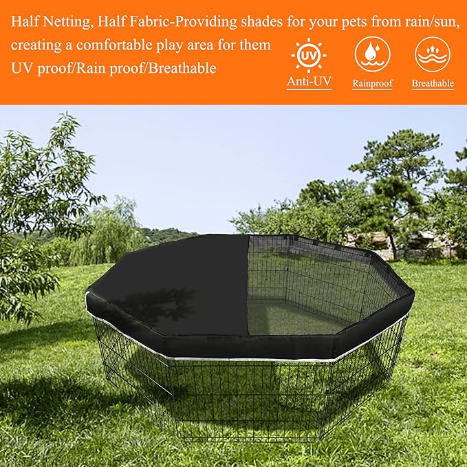 PJYuCien Dog Playpen Mesh Top Cover, Fits 32 Inch 8 Panels Regular Octagon Metal Exercise Pet Playpen, Adhesive Tape Connections, Black (Note: Cover Only, Fence Not Included)