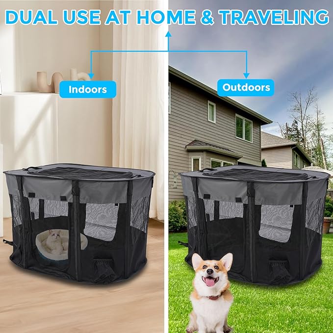 Portable Pet Dog Playpen Kennel Indoor, Foldable Puppy Playpen for Small Animals, Mesh Tent Crate for Travel, Camping, Home & Outdoor, Scratch Proof Dog Exercise Playground Equipment (Black, M, 1)