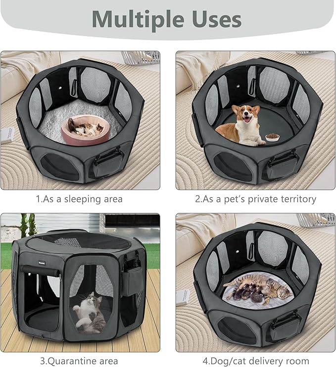Dog Playpen, Cat Dog Crate Portable Pet Exercise Cage Kennel House Puppy Playpen Animal Playpen Indoor/Outdoor, Water-Resistant Kennel Tent with Traveling Bag (Grey, Large)