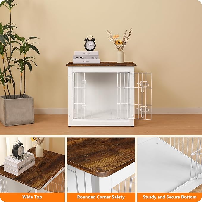 DWANTON Dog Crate Furniture with Cushion, Wooden Dog Crate with Double Doors, Dog Furniture, Dog Kennel Indoor for Small Dog,End Table, 27.2" L, White+Rustic Brown
