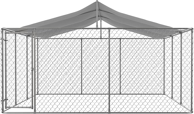 Outdoor Dog Kennel Dog Crate with Lockable Swing Gate,Water & UV Resistant Dog Enclosure Outdoor W/Pitched Roof,Heavy Duty Dog Pens Dog House Outside for Large Dogs,Gray(157"x 157")
