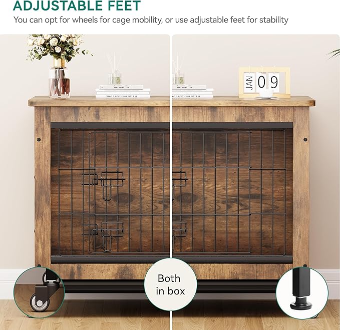 YITAHOME Dog Crate Furniture with Cushion, Dog Kennel Indoor with Wheels, 27" Dog Cage with Double Doors for Small Dog (Rustic Brown)