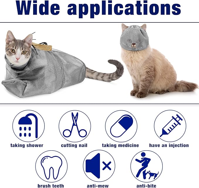 Weewooday 2 Pieces Cat Grooming Washer Mesh Bag Cat Muzzles Breathable Mesh Muzzles Adjustable Kitten Scratch Resistant Kitty Restraint Clothes Kitty Bath Bag for Bathing Nail Trimming Feeding(Gray)