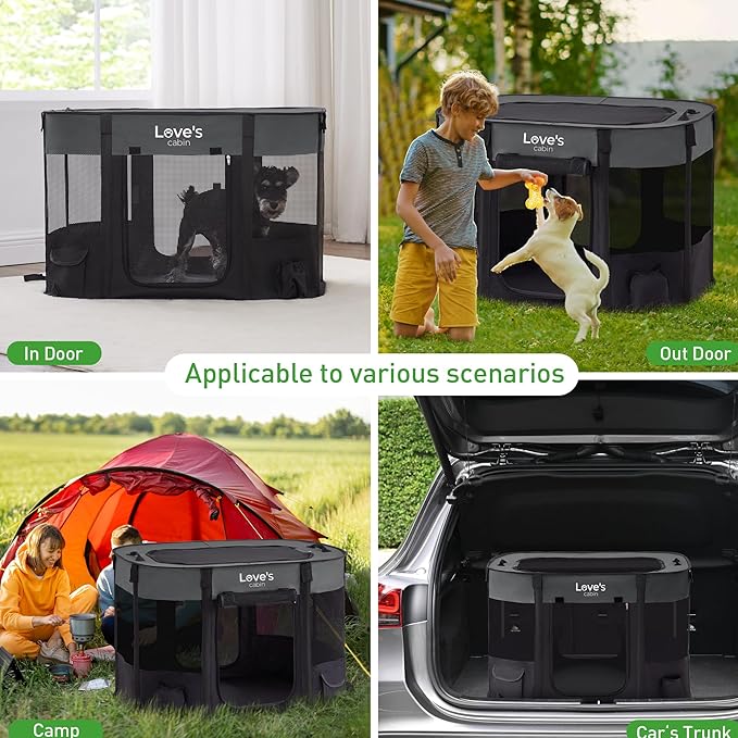Love's cabin Pet Puppy Dog Playpen, Small Dog Tent Crates Cage Indoor/Outdoor, Portable Exercise Playpen for Dog and Cat, Foldable Pop Up Dog Kennel Playpen with Carring Case (S, Grey)