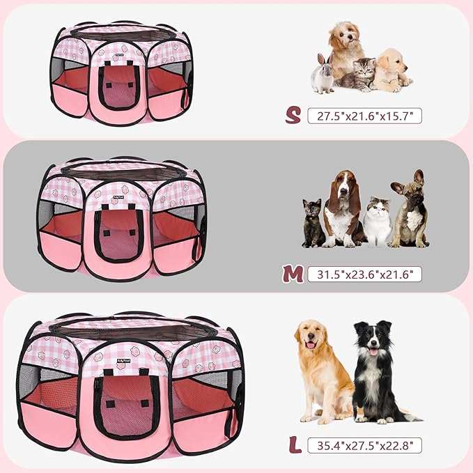 Lucky Monet Foldable Dog Playpen Cat Puppy Playpen Indoor Pop Up Pet Animal Playpen Outdoor Kennel Cage Pen Tent for Small Medium Dog Puppy Cat Kitten Rabbit - Large, Pink