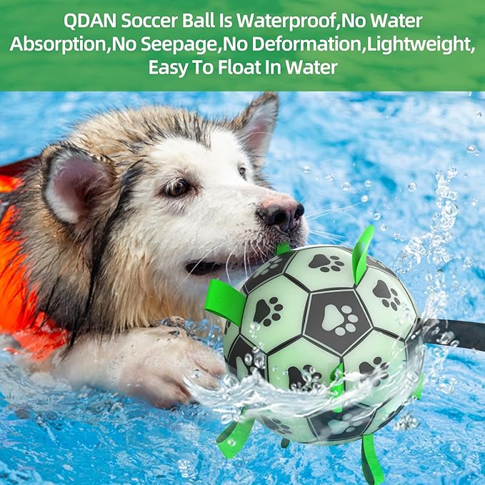 QDAN Glow in The Dark Dog Toys Soccer Ball with Straps, Outdoor Interactive Dog Toys Puppy Birthday Gifts, Dog Tug Water Toy, Light Up Dog Balls for Small & Medium Dogs(6 Inch Size 2)