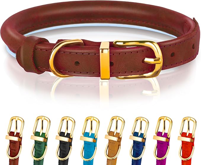 OOPSDOGGY Reflective Rolled Leather Dog Collar for Large Dogs, Adjustable Soft Padded Pet Collar for Large Breed Dogs (L, 14"-18", Brown)